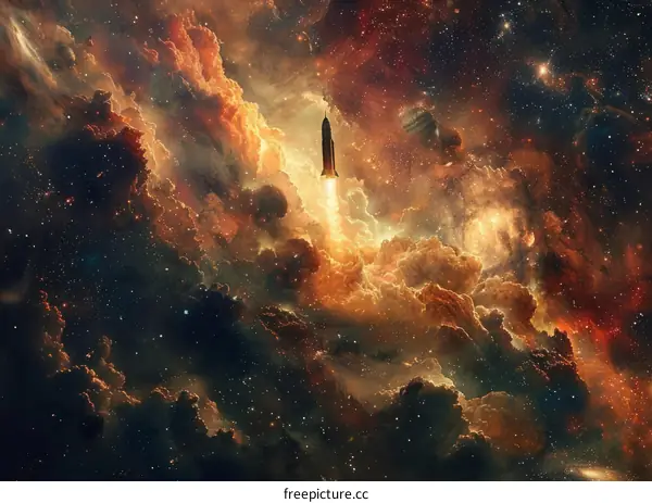 Spaceship Launches Through Colorful Nebula in Deep Space