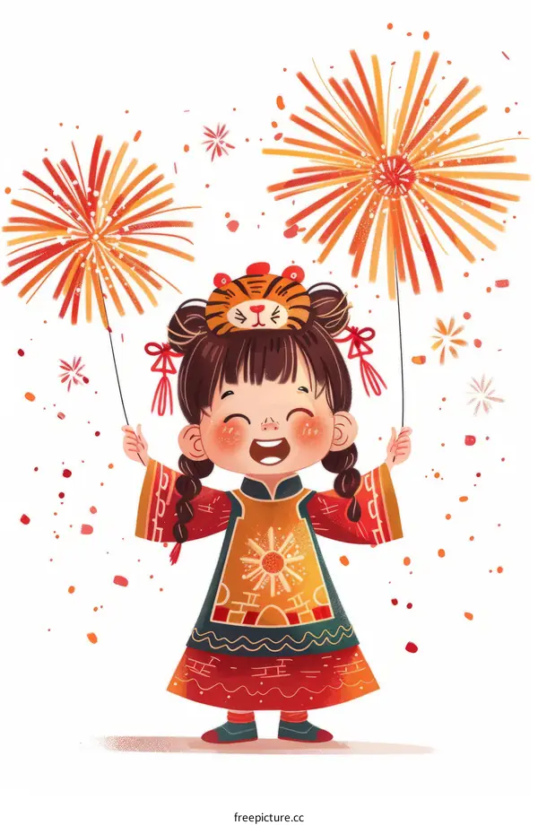 A little girl in a cheongsam holding two sparklers