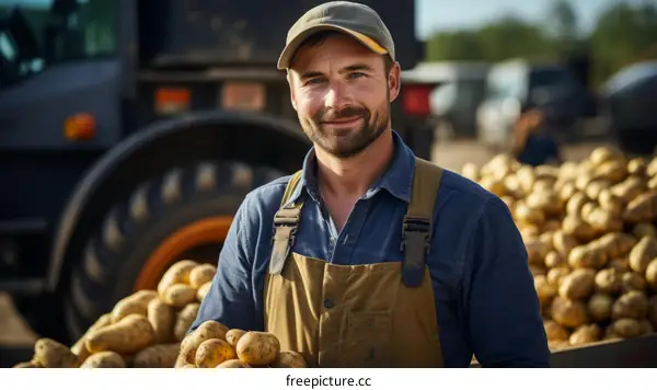 A smiling farmer standing in a field of potatoes