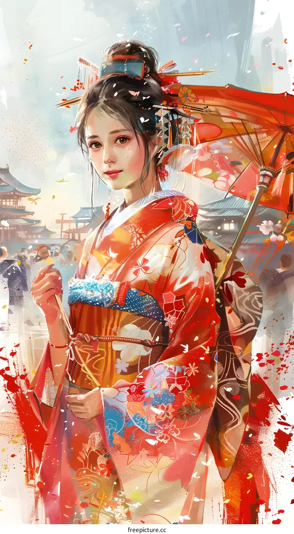 An illustration of a beautiful Japanese woman in a red kimono holding a red umbrella.