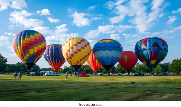 Hot Air Balloons Festival In Green Field With Blue Sky And Clouds