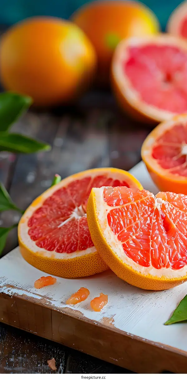 Fresh Red Grapefruit Slices On Wooden Cutting Board