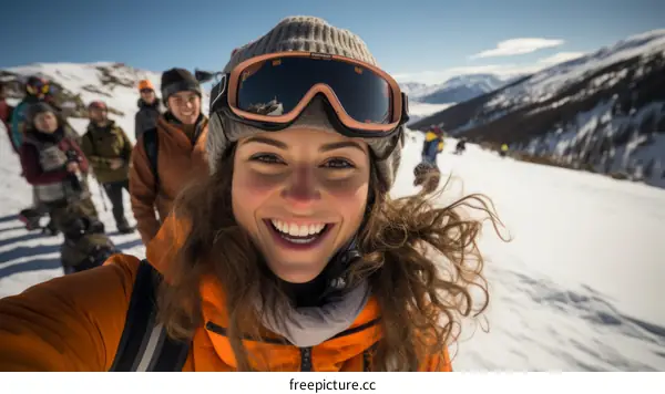 Happy woman snowboarder selfie with friends on a sunny day