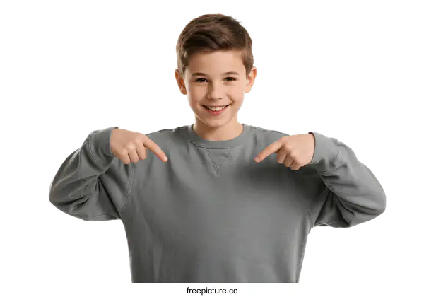 [Transparent Background PNG]Young boy wearing gray sweatshirt pointing at himself