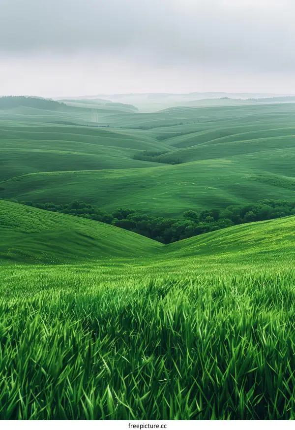 Green rolling hills landscape with a valley in the middle