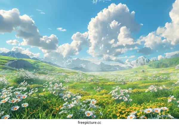 A Sunny Meadow Underneath Majestic Mountains
