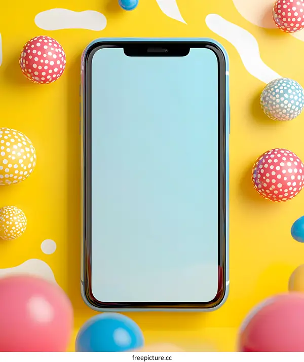 Mobile Phone Mockup with Colorful Balls on Yellow Background