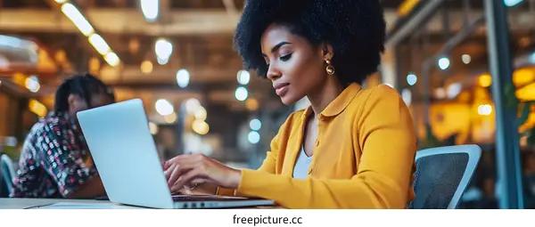 Black Woman Working on Laptop in Modern Office
