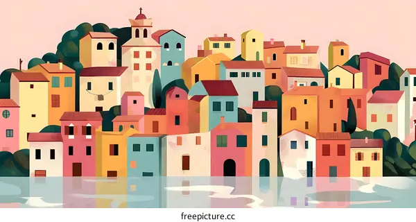 Colorful Illustration of a European Village