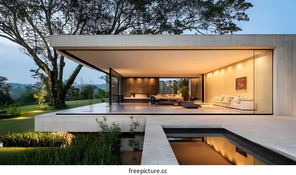 Modern Minimalist Concrete House With A Pool And A Large Window