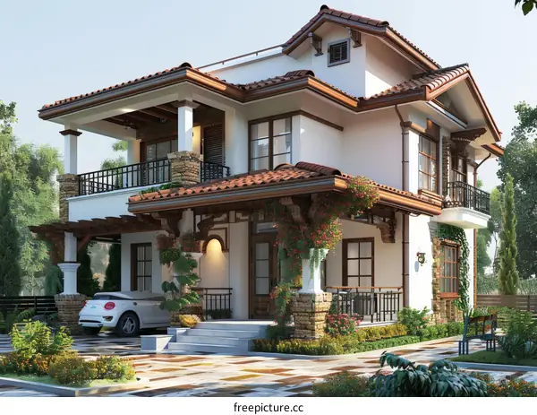 Beautiful Two Story House With Red Roof And White Walls