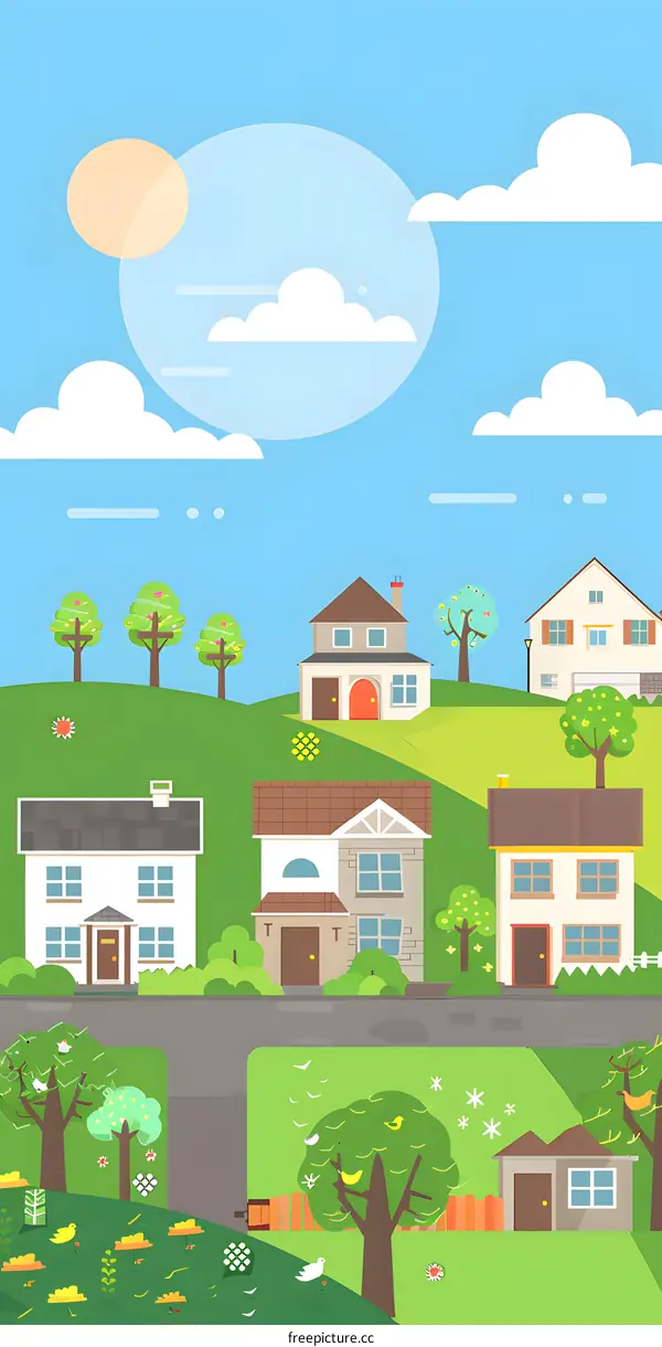 Cartoon Illustration of a Suburban Neighborhood with Houses and Green Trees