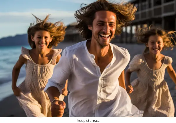 Father and daughters running on beach at sunset