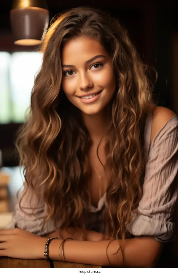 Portrait of a beautiful young woman with long brown hair smiling