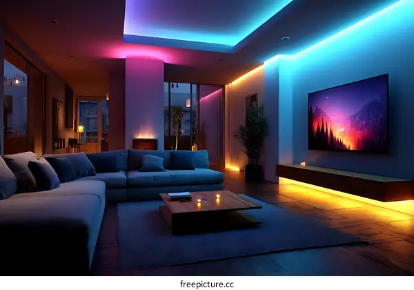 Modern Living Room with Colorful LED Lighting