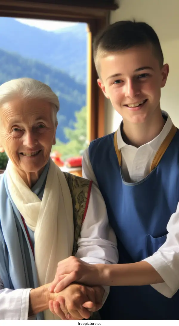Smiling Elderly Woman and Young Man Standing Together in Austria