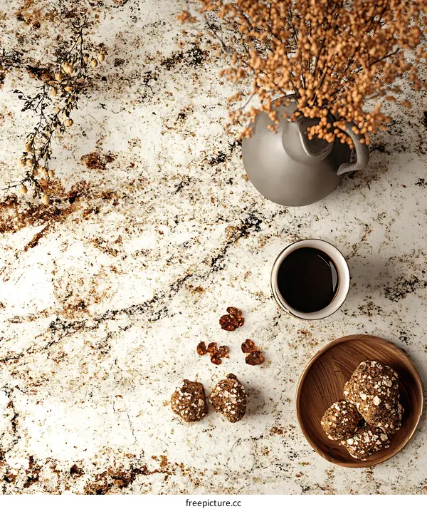 Overhead View of Coffee, Cookies and Dried Flowers on a Marble Countertop