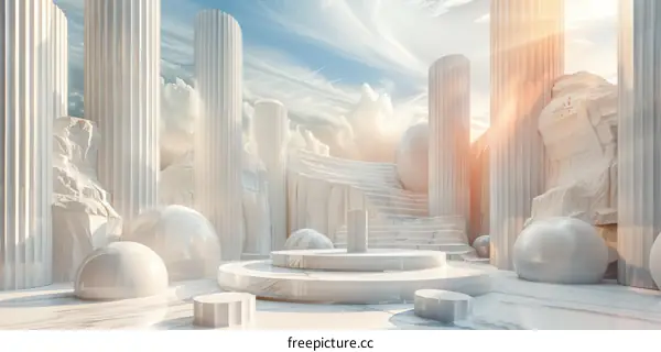 White Podium with Greek Columns and Clouds