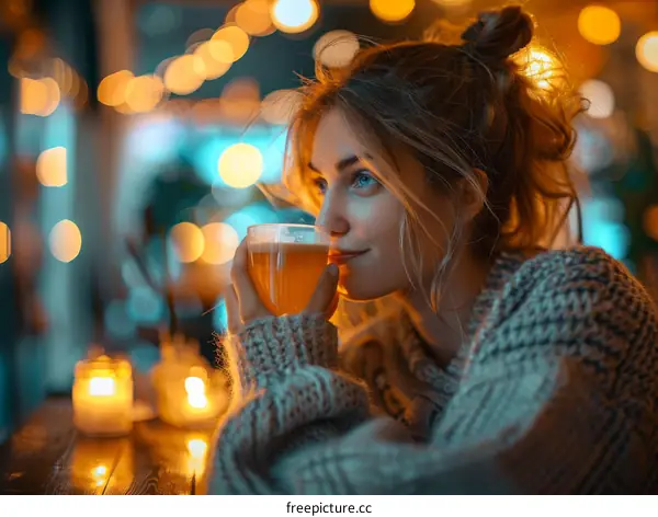 Young woman drinking mulled wine at a Christmas market