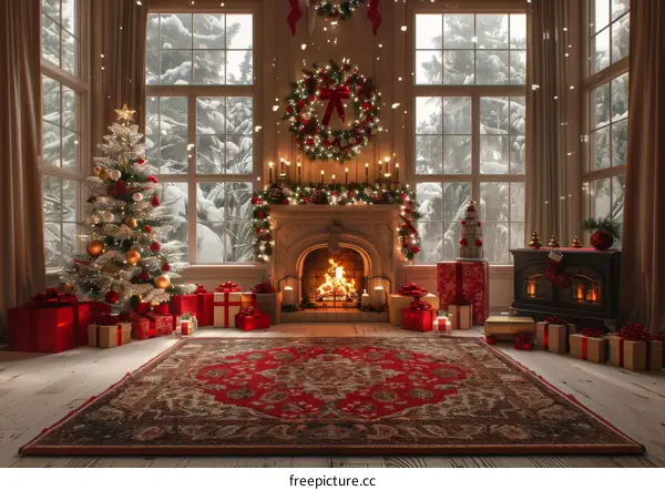 Christmas tree by the fireplace