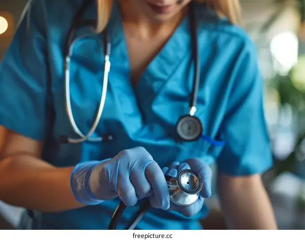 Close-up of a female doctor in blue uniform holding a stethoscope
