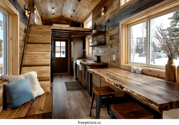 Rustic Tiny House Kitchen with Large Wooden Table