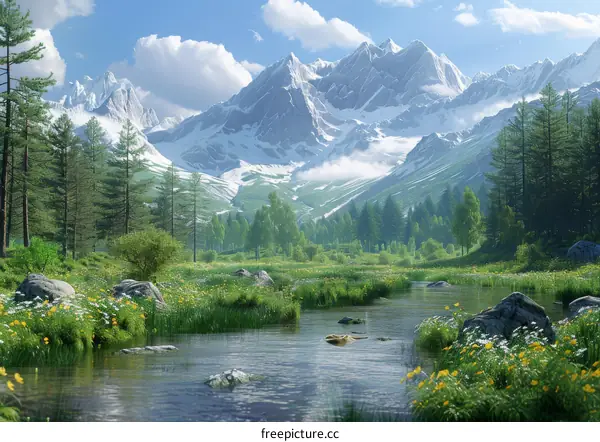Majestic Mountain Landscape with River and Wildflowers
