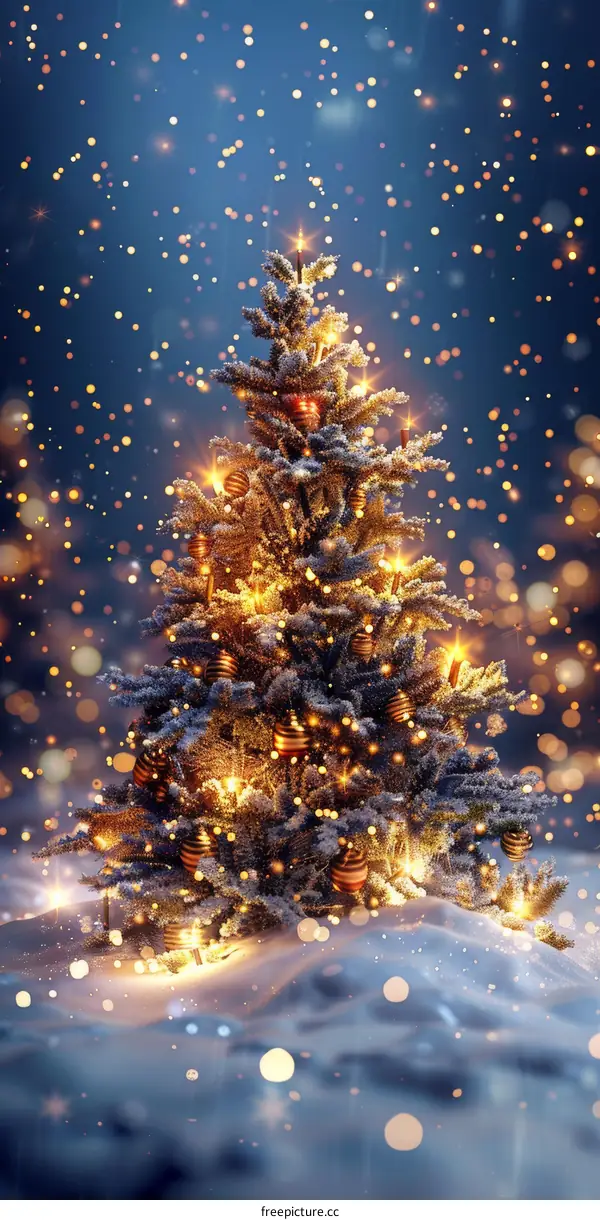 Winter Christmas Tree with Snow and Lights