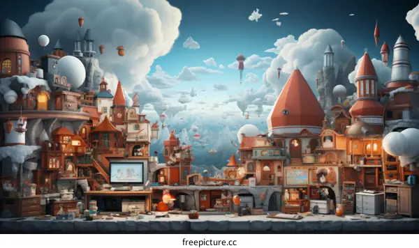 A whimsical illustration of a town built on top of a giant desk