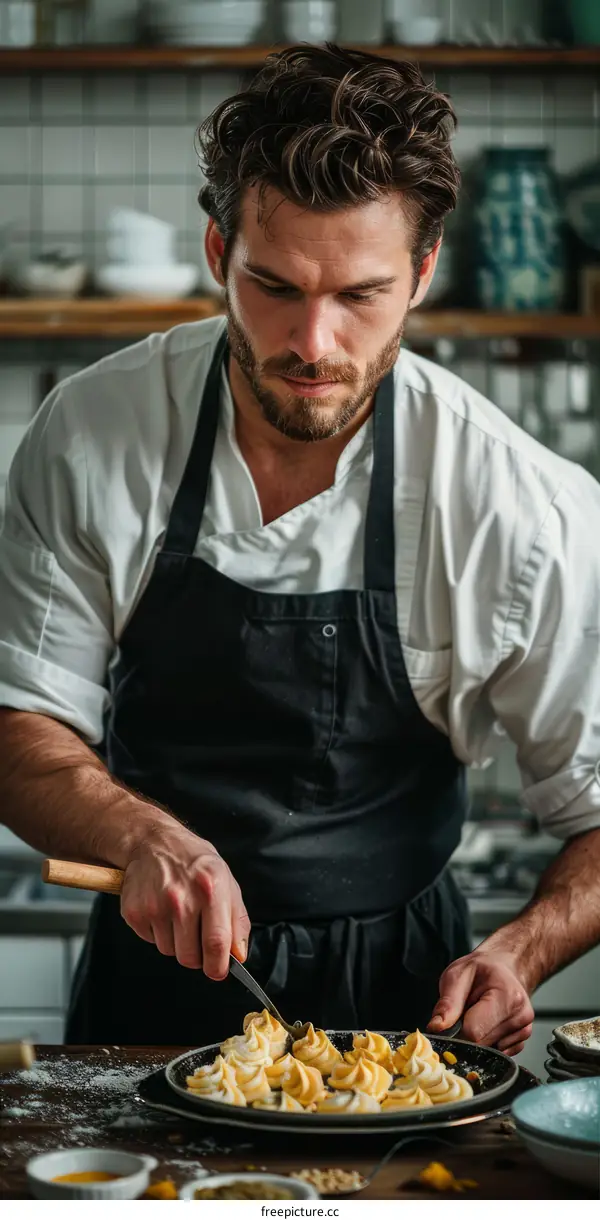 Focused Male Chef Preparing Delicious Pasta in the Kitchen