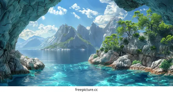 Mediterranean Grotto Entrance with Mountains