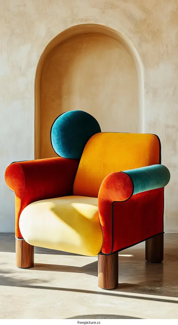 Colorful Velvet Armchair with Geometric Design