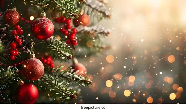 Christmas tree with red ornaments and lights