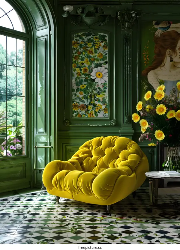 Luxurious Green Room with Yellow Armchair