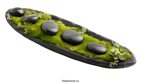 [Transparent Background PNG]Black Stones and Green Moss in a Black Tray on a White Background