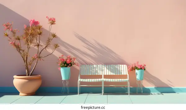 A beautiful Mediterranean courtyard with a pink wall, flowers, and a bench
