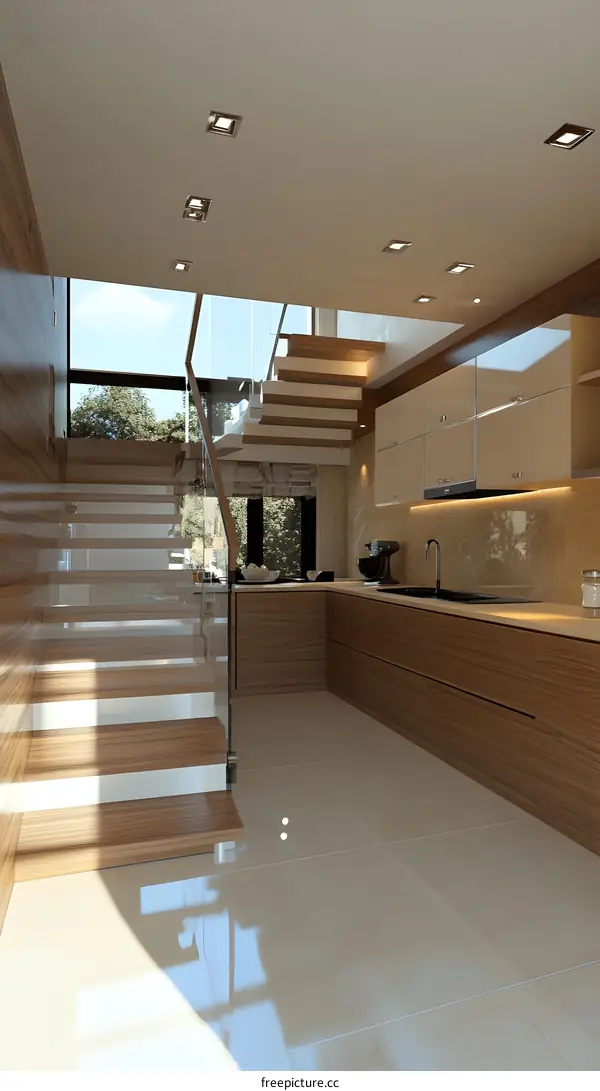 Modern Minimalist Kitchen Design With Wooden Staircase