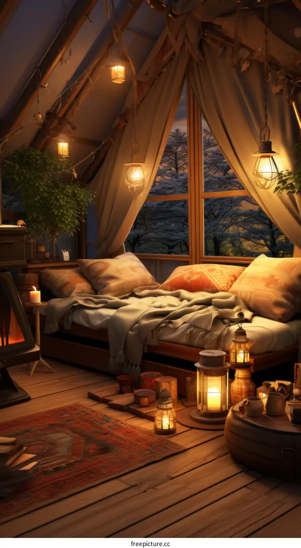 Cozy cabin in the woods with a fireplace, bed, and lanterns