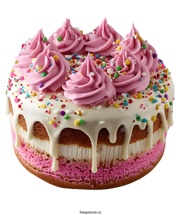 [Transparent Background PNG]Pink frosted layer cake with rainbow sprinkles