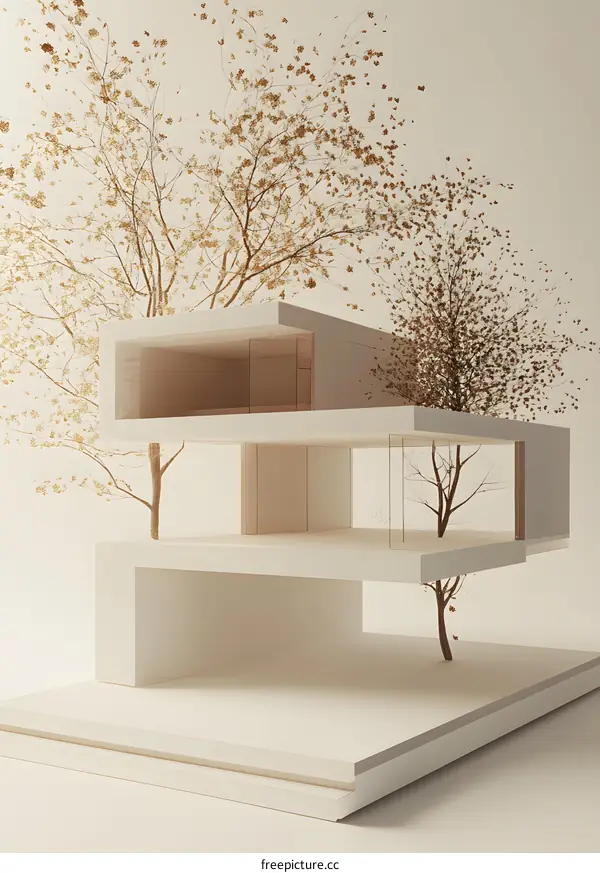 Minimalist Modern House Model With Brown Tree Branch