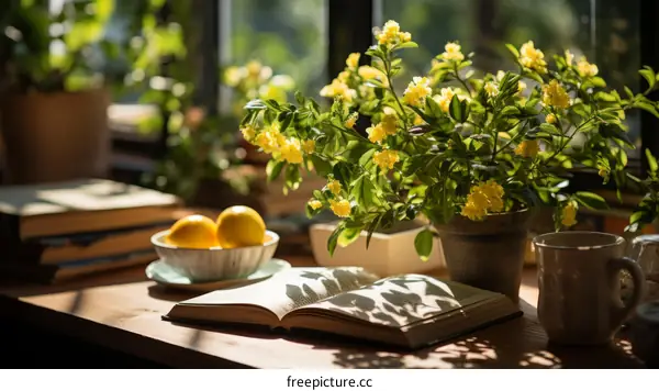 Still Life with Open Book, Lemons, and Yellow Flowers in Sunlight