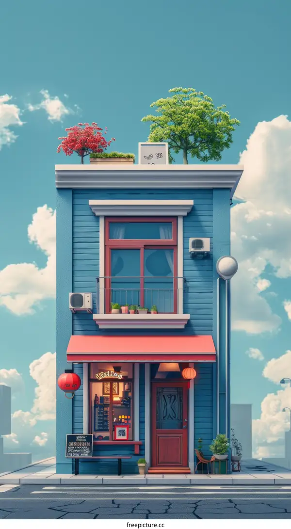 Small blue Japanese style house with plants on the roof