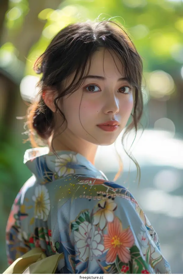 Asian Woman in Traditional Japanese Kimono Outdoors