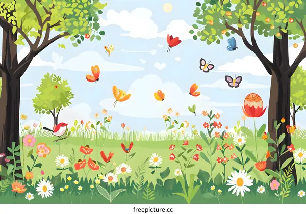 Spring Garden Illustration with Butterflies and Flowers