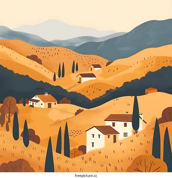 Autumn Landscape Illustration with Rolling Hills and Small Houses