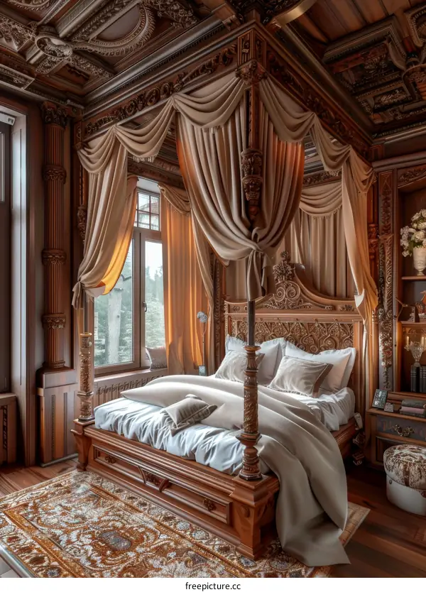 Ornate Wooden Four-poster Bed in Luxurious Bedroom