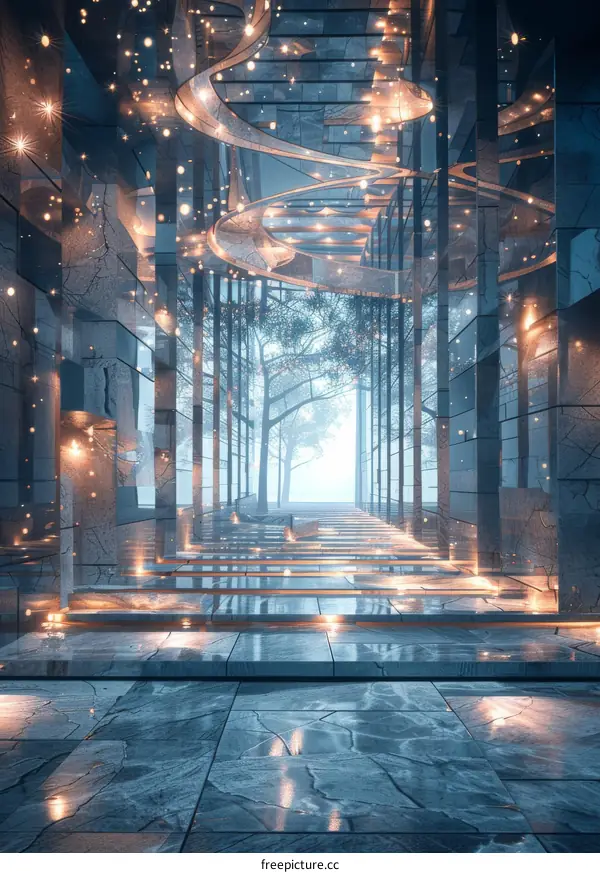 Futuristic Trees and Reflective Surfaces in a Cyberpunk City