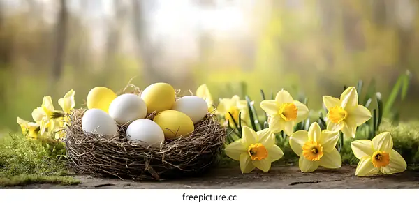 Easter Eggs in a Nest with Spring Flowers