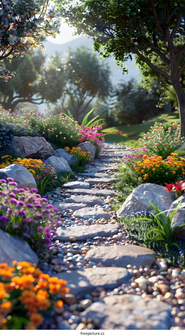 A stone path winds through a garden of colorful flowers.