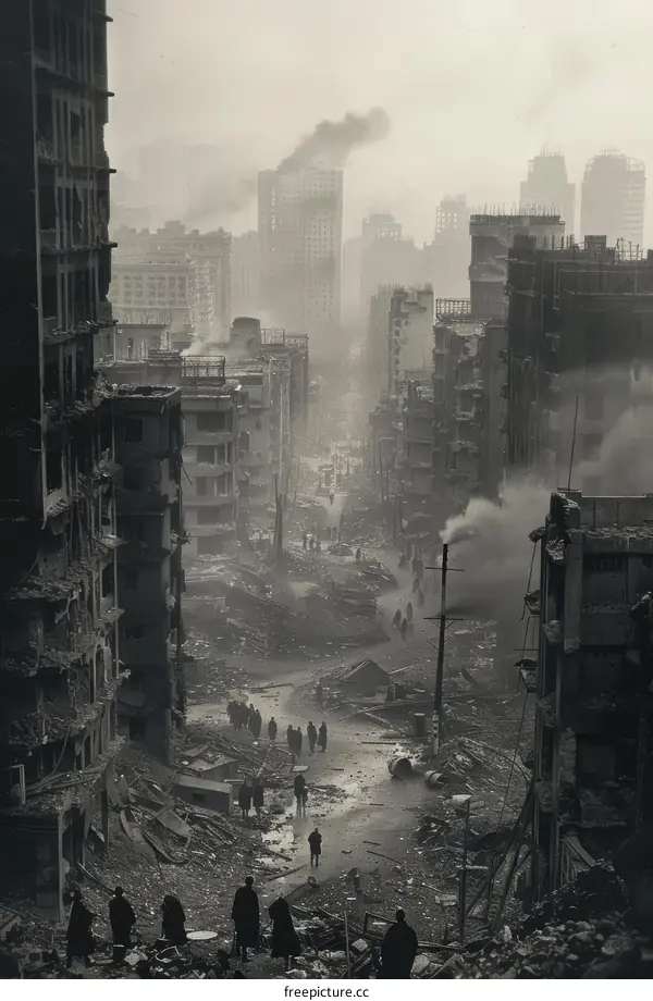 Post-apocalyptic city street with ruined buildings and debris